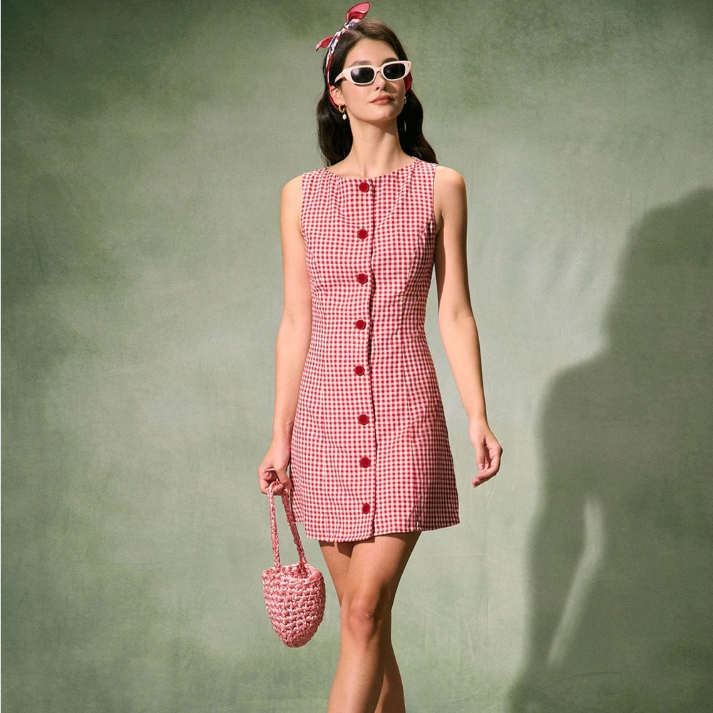 RIHOAS The Red Boat Neck Plaid Mini Dress